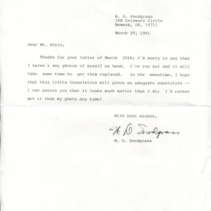 W. D. Snodgrass Pulitzer Prize Poet Heart's Needle Signed Autograph Letter