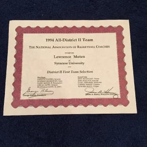 LAWRENCE MOTEN 1994 ALL DISTRICT TEAM AWARD SYRACUSE BASKETBALL