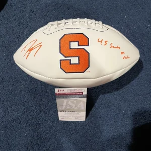 Dwight Freeney Signed F/S Syracuse Logo Football JSA 4.5 Sacks on Vick Insc
