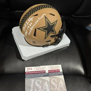 Bob Lilly Drew Pearson Signed STS Mini Stat Helmet JSA Cowboys God Bless Troops