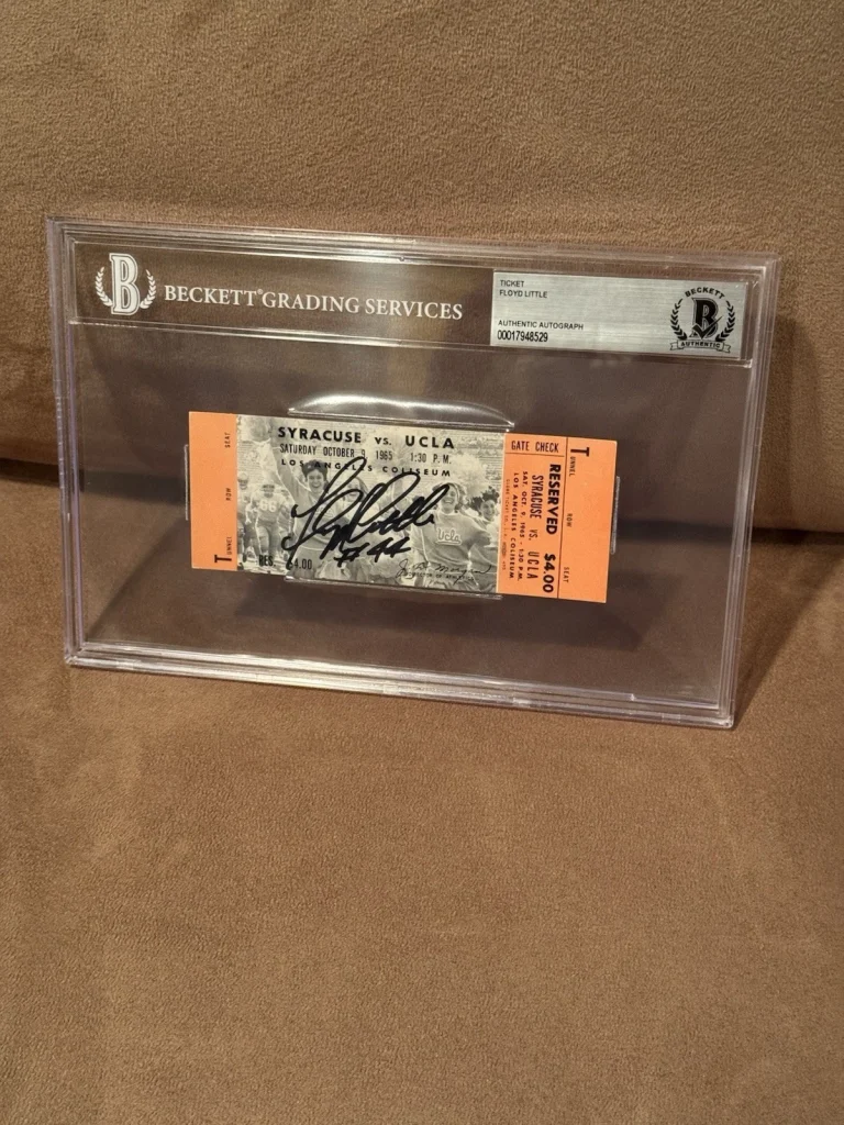 FLOYD LITTLE SYRACUSE UNIVERSITY vs UCLA signed football Ticket 1965 PSA