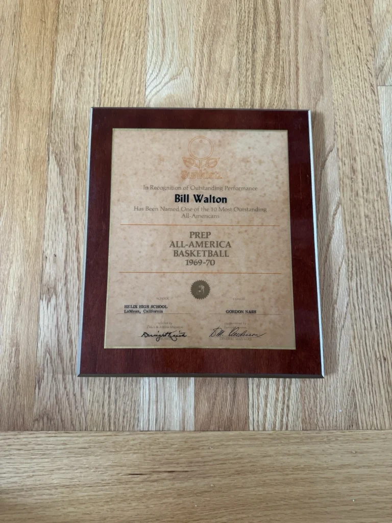Bill Walton High School All America Award UCLA Blazers From Estate