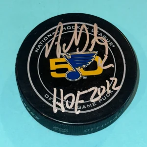 ADAM OATES Signed BLUES 50th Ann. Official GAME Puck Beckett w/ HOF Inscrip