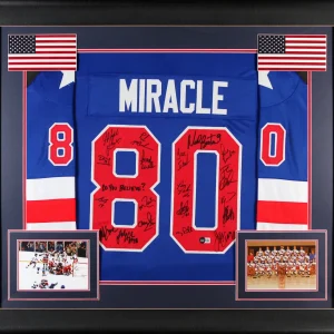 1980 USA Hockey 19 Autos Craig, Eruzione, Broten Signed Blue Framed Jersey BAS