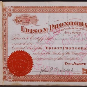Thomas Edison Signed 5.75x14 Phonograph Works Stock Certificate BAS #AE13289
