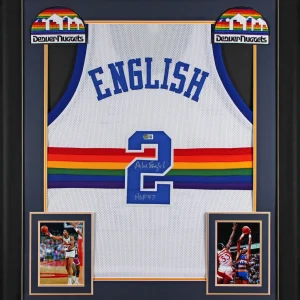 Alex English "HOF 97" Signed White Pro Style Framed Jersey BAS Witnessed