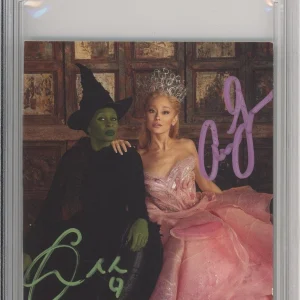 Wicked SIGNED Ariana Grande Cynthia Erivo Art Card PSA DNA Autograph Pink Green
