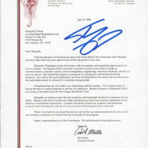 Shaquille O'Neal Signed 1988 Washington State University Recruitment Letter BAS