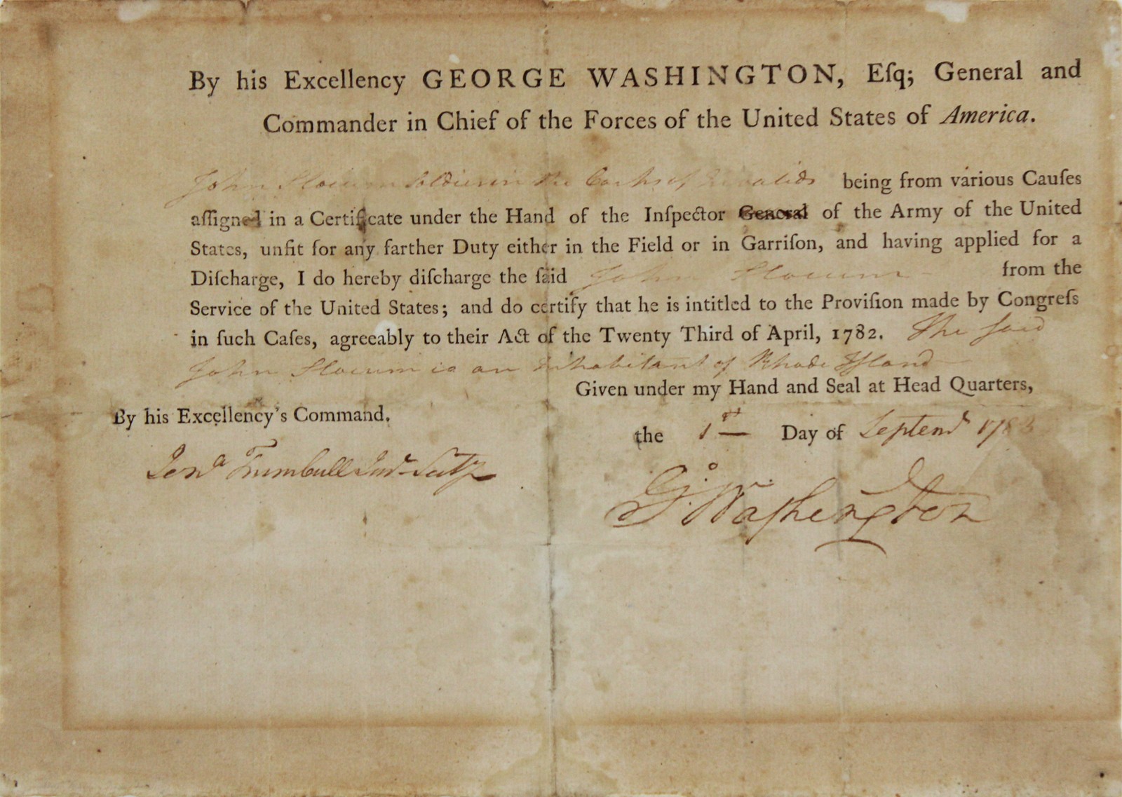 George Washington Signed 8x11.25 1783 Revolutionary War Discharge ...