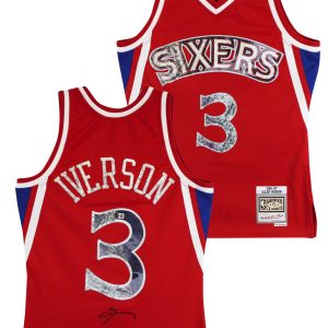 76ers Allen Iverson Signed Red 75th Ann. M&N 1996-97 HWC Swingman Jersey BAS Wit