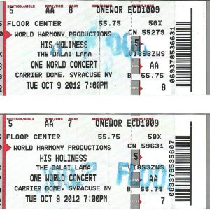 DALAI LAMA LOT OF 2 ONE WORLD CONCERT TICKETS FROM 2012       CARRIER DOME