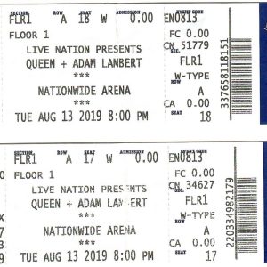 QUEEN LOT OF 2 USED TICKETS FROM 2019 COLUMBUS OHIO CONCERT       ADAM LAMBERT