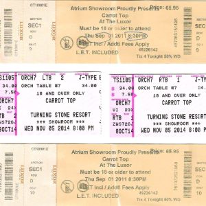 CARROT TOP LOT OF 4 USED TICKETS FROM 204 SYRACUSE,NY+2011 LAS VEGAS SHOWS