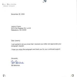 BILL BELICHICK HAND SIGNED 2004 LETTER ON PATRIOTS LETTERHEAD           JSA COA