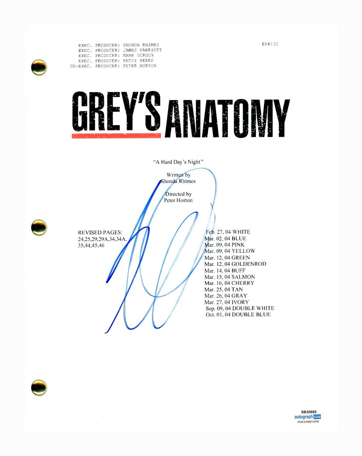 Eric Dane Signed Autographed Grey's Anatomy Pilot Script Screenplay ...