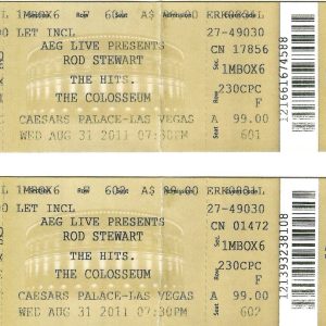 ROD STEWART LOT OF 2 USED TICKETS FROM 2011 LAS VEGAS CAESARS PALACE CONCERT