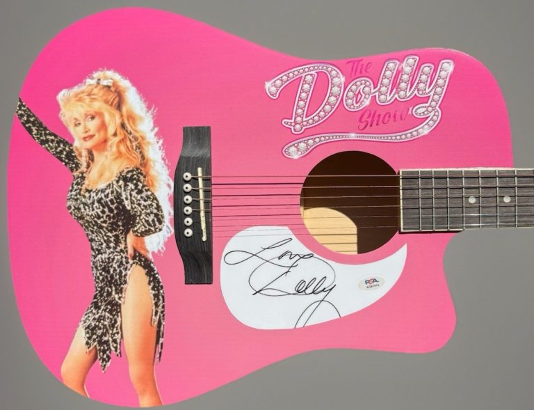 Here You Come Again Dolly Parton Autographed Pink Full Size Acoustic Guitar PSA