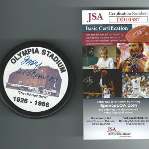 Gary Aldcorn Signed Detroit Red Wings Olympia Stadium Puck JSA Authenticated