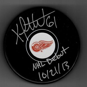 Xavier Ouellet Signed  Inscribed NHL Debut Dated 10-21-13 Detroit Red Wings Puck