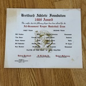 Rare 1969 Bill Walton High School Basketball All League Award UCLA Blazers LOA