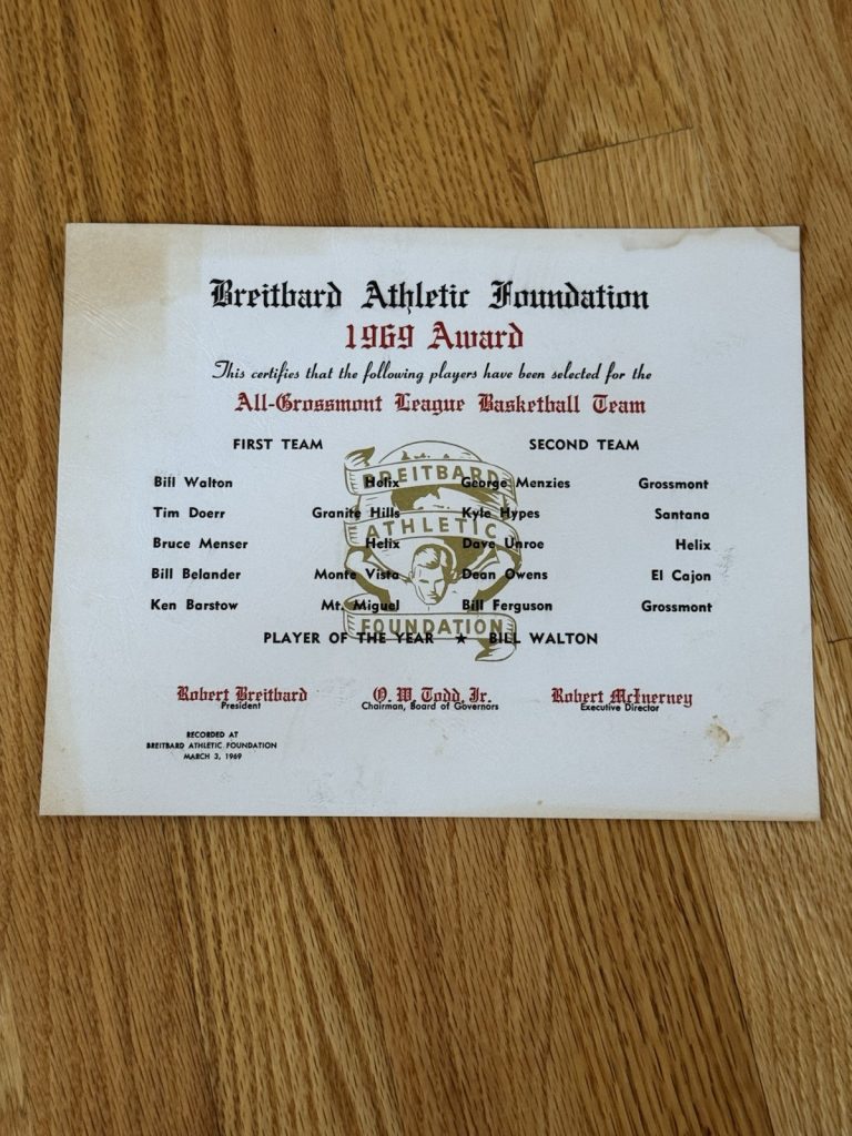 Rare 1969 Bill Walton High School Basketball All League Award UCLA Blazers LOA