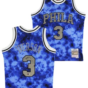 76ers Allen Iverson Signed Blue Galaxy M&N 1996-97 HWC Swingman Jersey BAS Wit