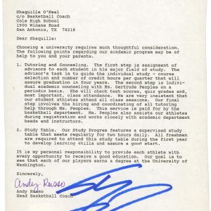Shaquille O'Neal Signed 1988 University of Washington Recruitment Letter BAS