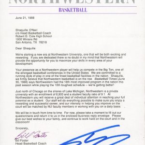 Shaquille O'Neal Authentic Signed 1988 Northwestern Recruitment Letter BAS