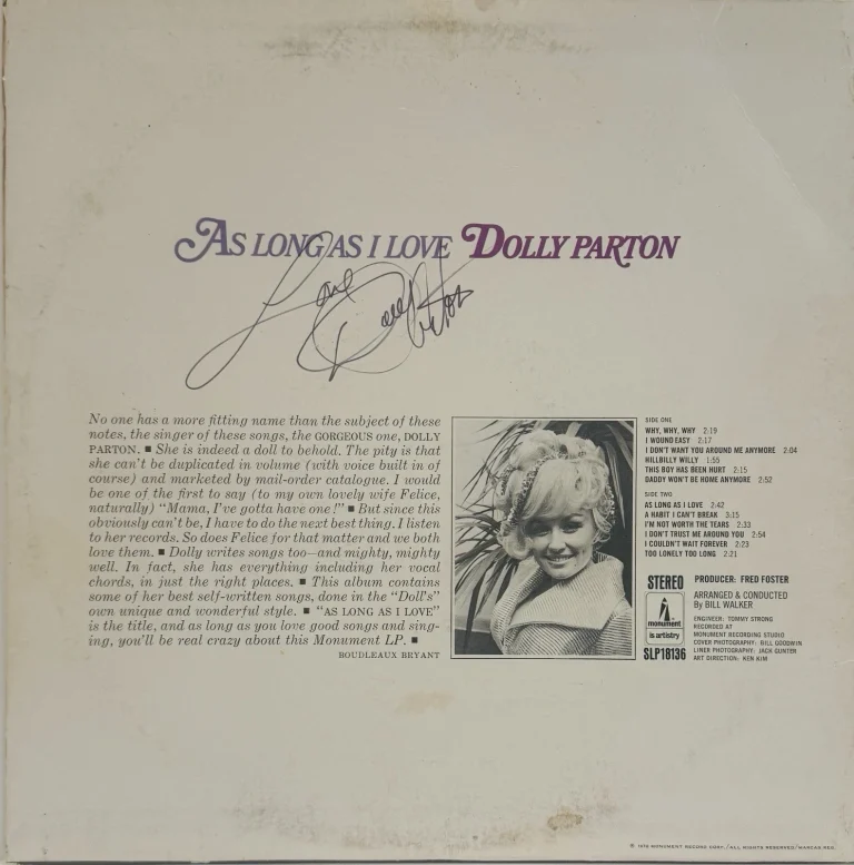 DOLLY PARTON Signed Autograph LP Cover 