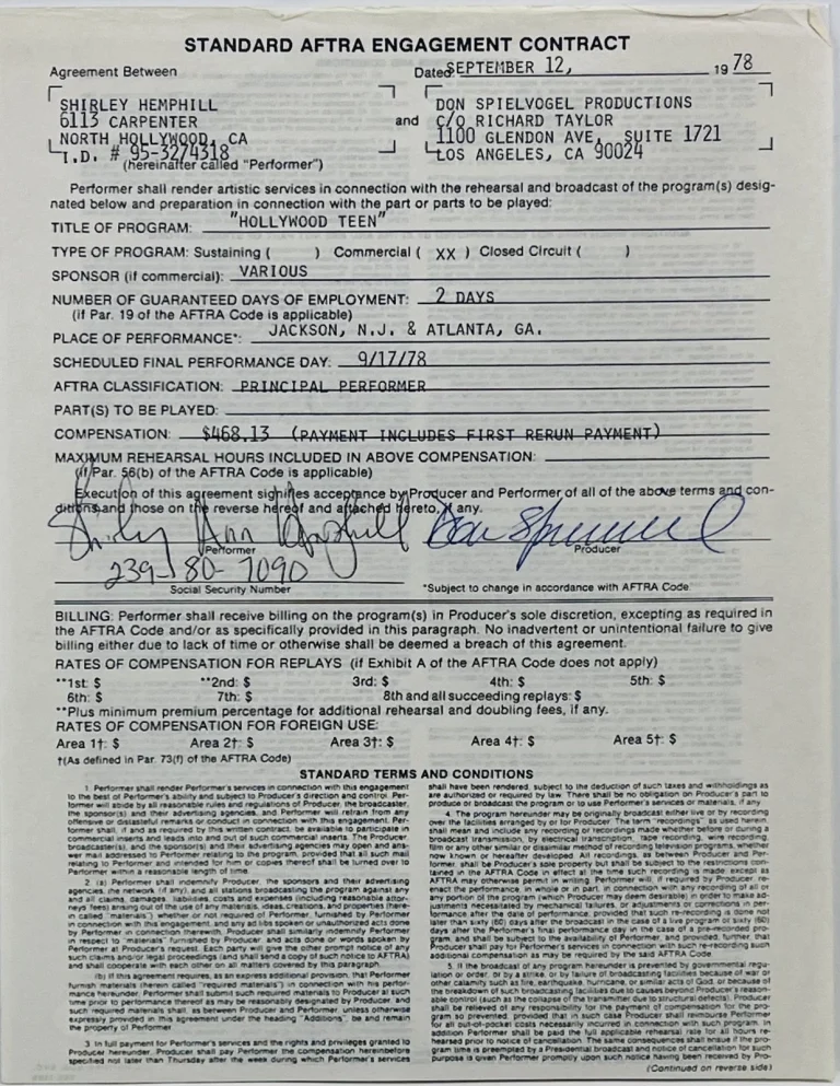 SHIRLEY HEMPHILL Signed Autograph Contract JSA COA What's Happening