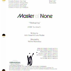 AZIZ ANSARI SIGNED AUTOGRAPH - MASTER OF NONE FULL "THANKSGIVING" EPISODE SCRIPT