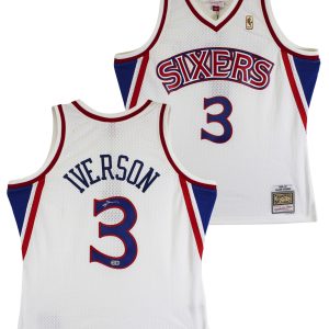 76ers Allen Iverson Signed White 1996-97 M&N HWC Swingman Jersey BAS Witnessed