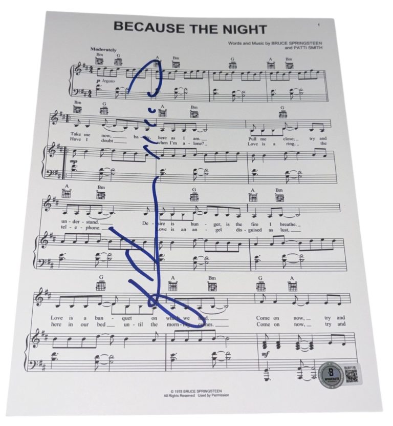Patti Smith Signed Autograph Sheet Music Because The Night Springsteen Beckett