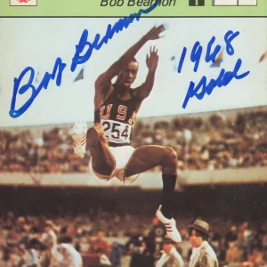 BOB BEAMON 1968 GOLD SIGNED TRACK AND FIELD SPORTSCASTER CARD BECKETT