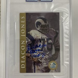 DEACON JONES SIGNED HALL OF FAME POST CARD       LA RAMS LEGEND      PSA SLABBED