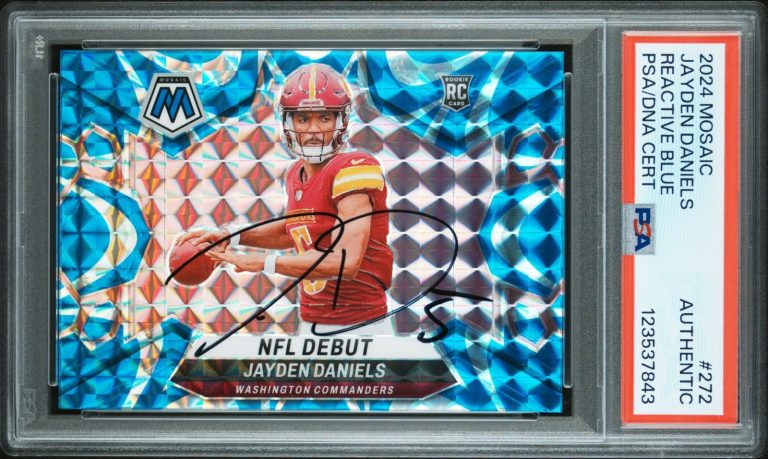 Jayden Daniels 2024 Panini Mosaic #272 NFL Debut Reactive Blue Auto PSA/DNA