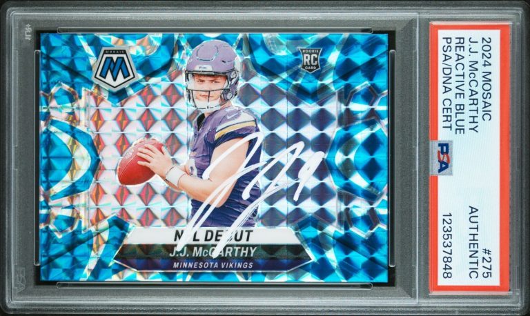 JJ McCarthy Autographed 2024 Panini Mosaic #275 Reactive Blue Auto PSA/DNA