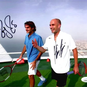 ROGER FEDERER+ANDRE AGASSI HAND SIGNED 8x10 PHOTO     BOTH SIGNED    RARE    JSA