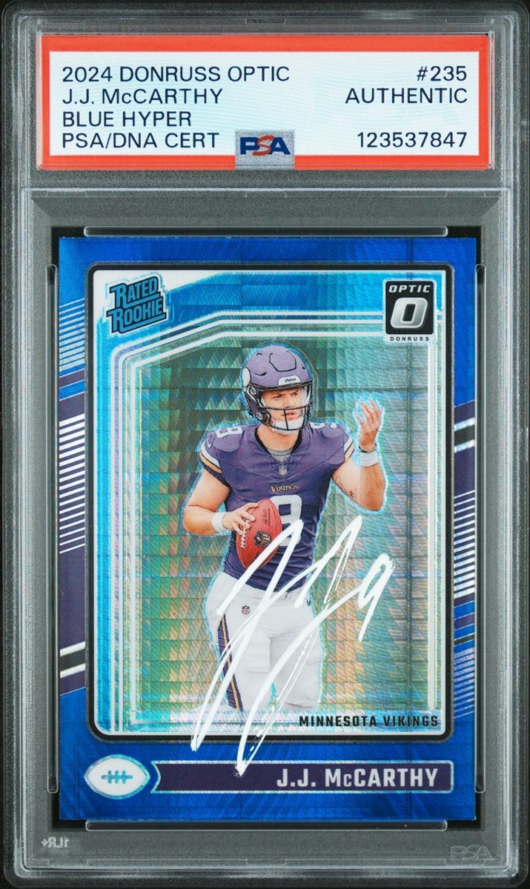 JJ McCarthy Signed 2024 Donruss Optic Blue Hyper Prizm #235 RC Rookie PSA/DNA