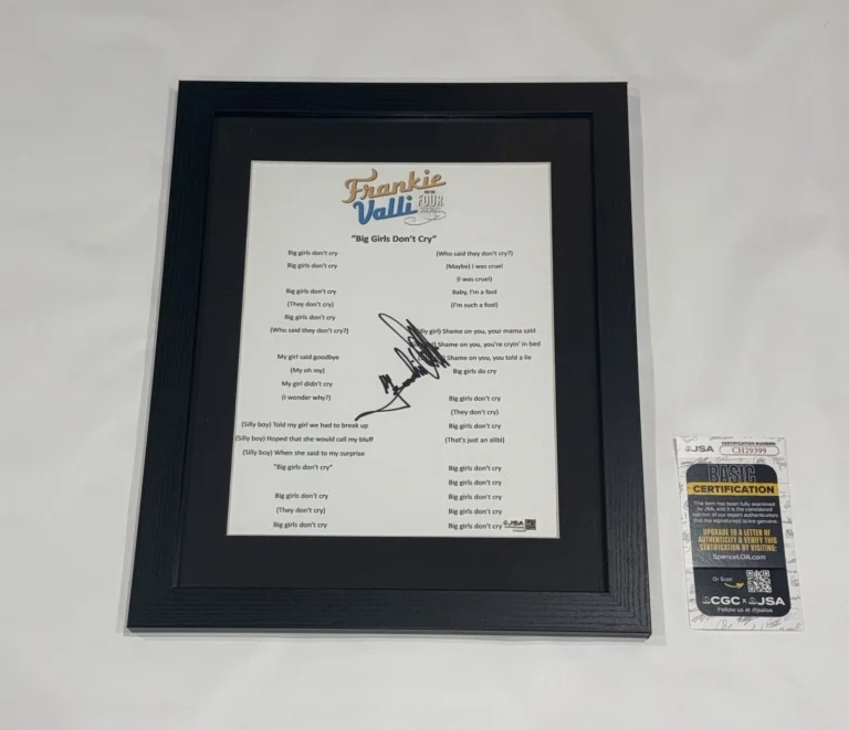 FRANKIE VALLI SIGNED FRAMED BIG GIRLS DON'T CRY LYRIC SHEET LEGEND JSA COA