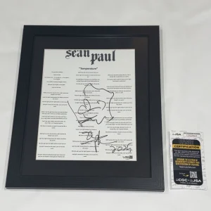 SEAN PAUL SIGNED FRAMED TEMPERATURE LYRIC SHEET SKETCH JSA COA