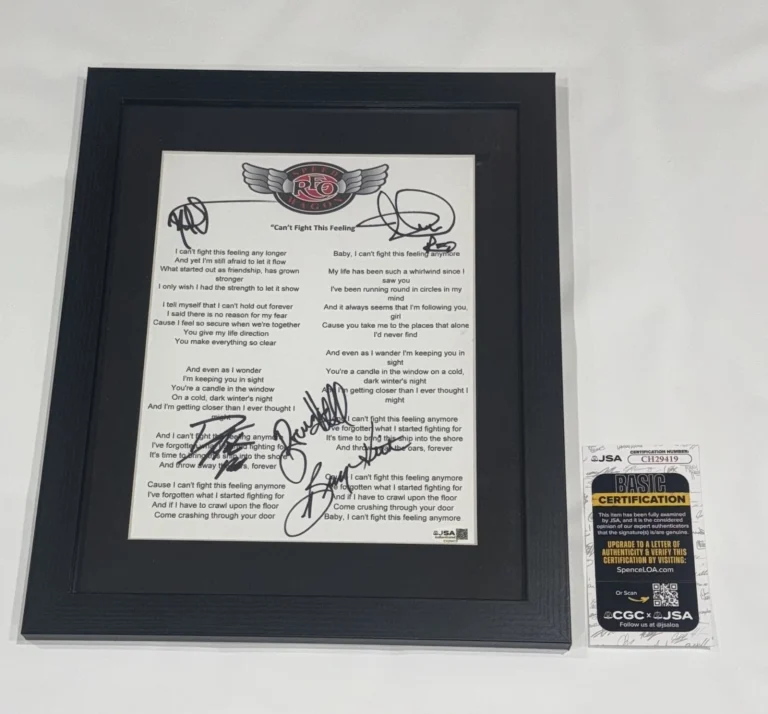 REO SPEEDWAGON SIGNED CAN'T FIGHT THIS FEELING LYRIC SHEET CRONIN 5X JSA COA