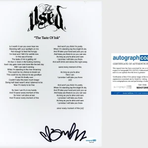 Bert McCracken ‘The Used’ Band Signed ‘The Taste Of Ink’ Lyric Sheet ACOA