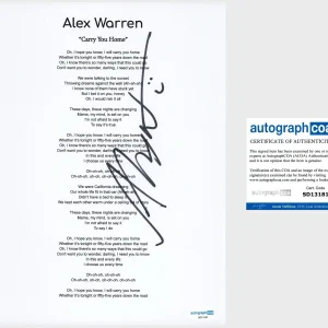 ‘Alex Warren’ Pop Singer Signed Lyric Sheet ‘Carry You Home’ ACOA