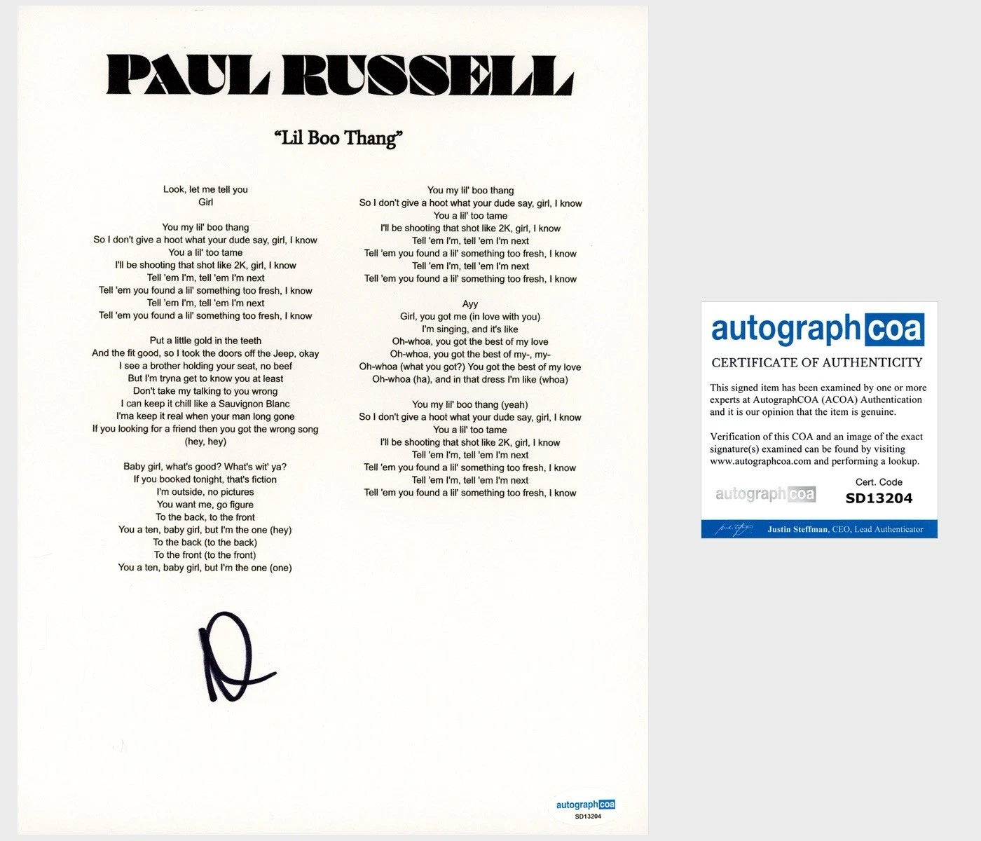 ‘Paul Russell’ Signed Lyric Sheet ‘Lil Boo Thang’ ACOA Pop Singer ...