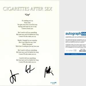 ‘Cigarettes After Sex’ Band Signed Lyric Sheet ‘Cry’ Greg Gonzalez ACOA