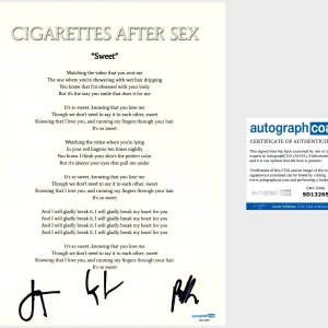 ‘Cigarettes After Sex’ Band Signed Lyric Sheet ‘Sweet’ Greg Gonzalez ACOA