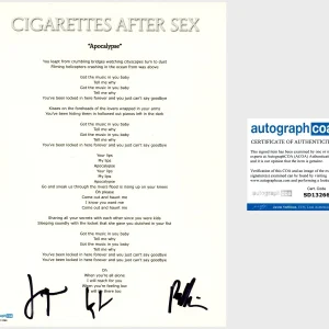 ‘Cigarettes After Sex’ Band Signed Lyric Sheet ‘Apocalypse’ Greg Gonzalez ACOA