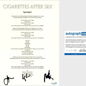‘Cigarettes After Sex’ Band Signed Lyric Sheet ‘Apocalypse’ Greg Gonzalez ACOA