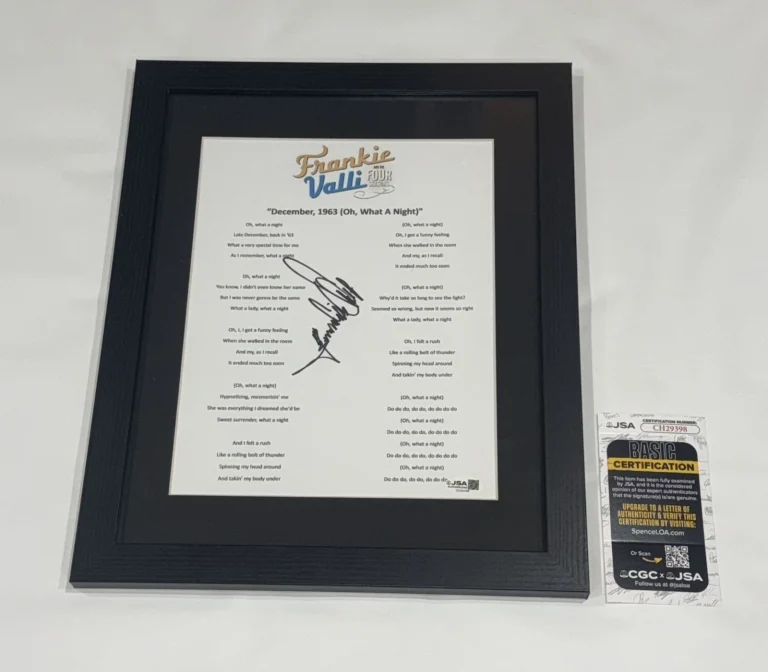 FRANKIE VALLI SIGNED FRAMED DECEMBER 1963 OH WHAT A NIGHT LYRIC SHEET JSA COA